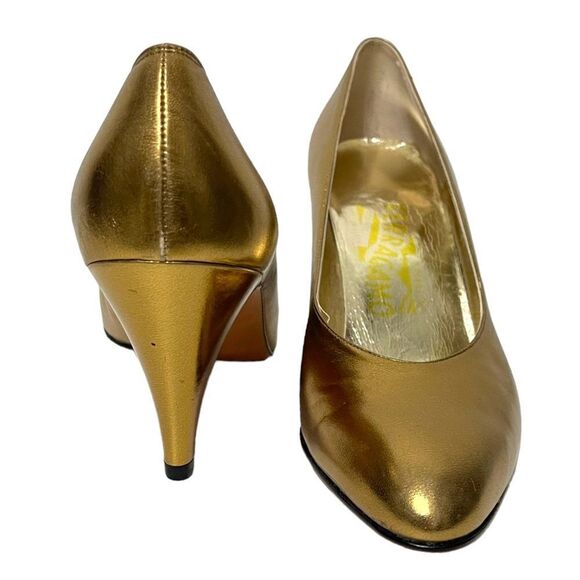 NIB FERRAGAMO Vintage Deadstock Gold Metallic Leather Pumps 7AA - Picture 4 of 12
